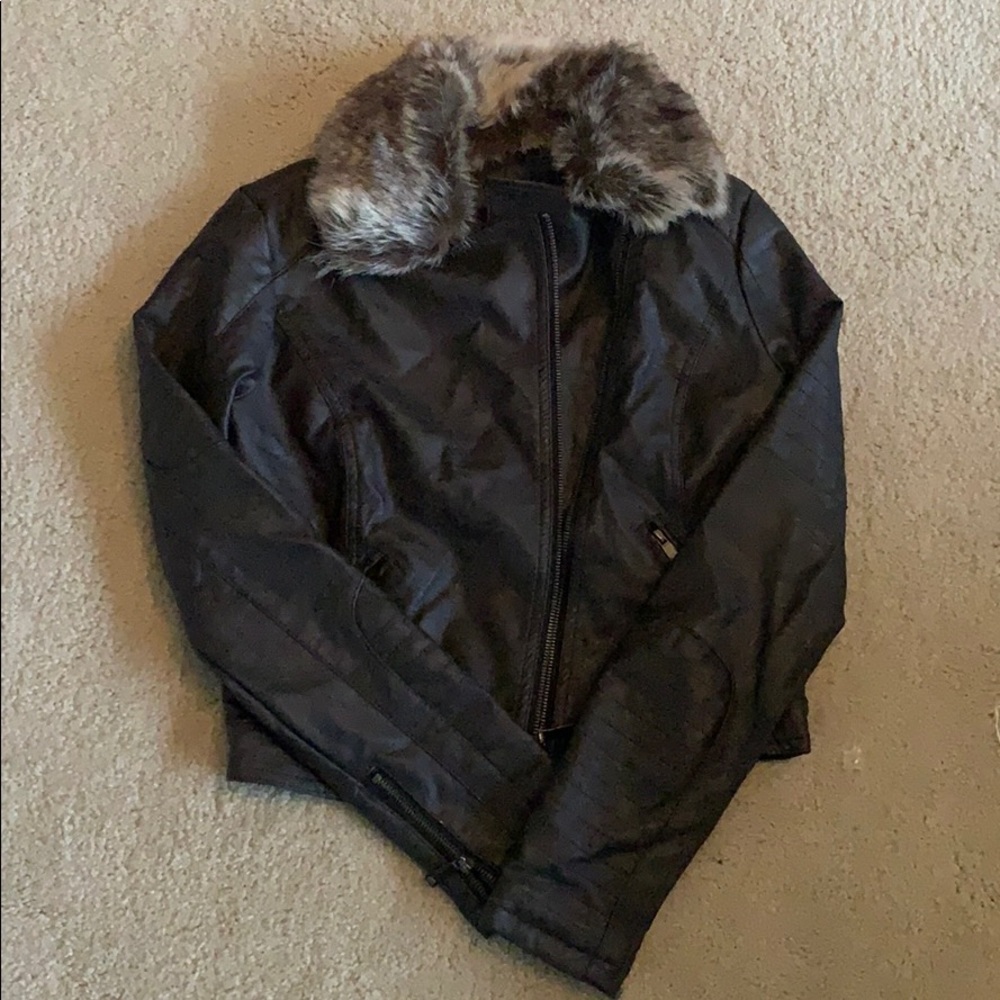 Faux Leather Jacket with Removable Fur